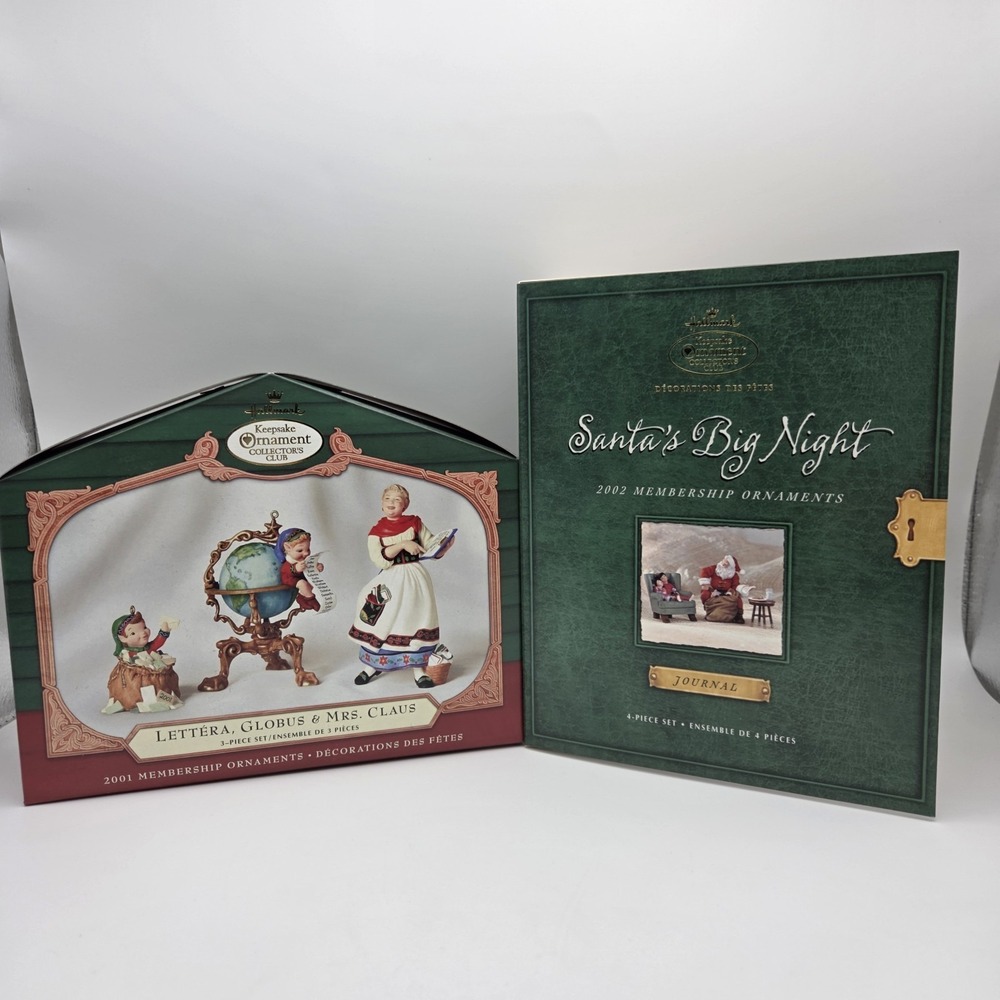 2 Hallmark Membership Ornaments Santa's Big Night & Lettera, Globus & Mrs. Claus